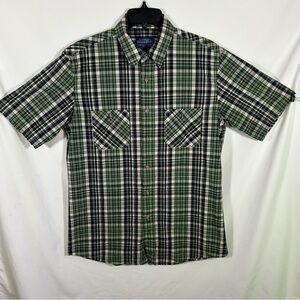 Pendleton Santiam Men's Short Sleeve Shirt Cream, Navy, Green Plaid, Size M